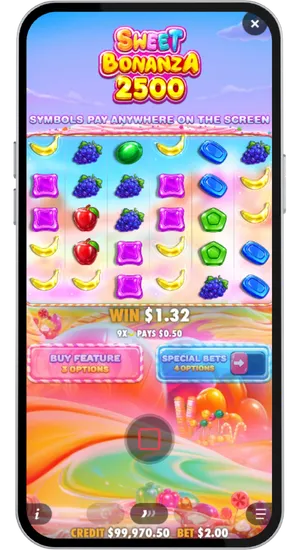 Sweet Bonanza 2500 base game displaying a scatter pay win with nine matching symbols triggering a payout during a standard spin