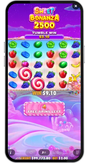 Sweet Bonanza 2500 Free Spins round showing an active five times multiplier symbol on the reels with four spins remaining and a tumble win in progress