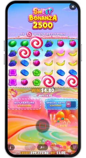 Sweet Bonanza 2500 base game with four lollipop scatter symbols landing across the grid and triggering the Free Spins bonus round