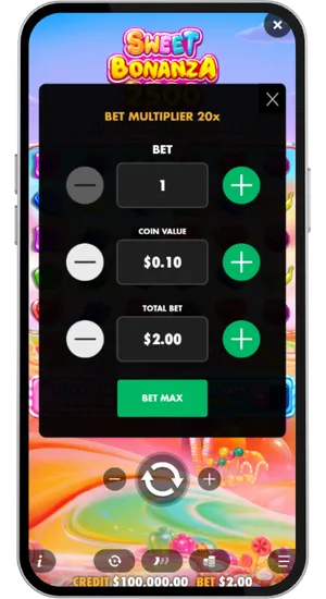 Setting the stake using bet controls in Sweet Bonanza 2500