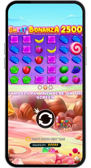 Sweet Bonanza 2500 base game showing the six by five grid with candy symbols and the Pay Anywhere on the screen message displayed below the reels