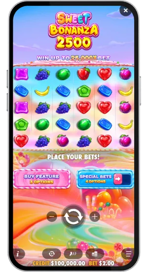 Sweet Bonanza 2500 mobile betting screen showing the Buy Feature button with three options and the Special Bets button with four options below the reels